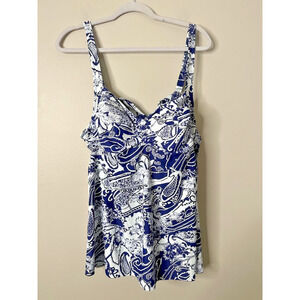 Tankini Top Swimsuit Swim Beach Resort Blue White Size 22W Padded Ruched